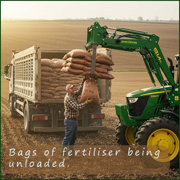 Bags of fertiliser being unloaded by a tractor from a lorry